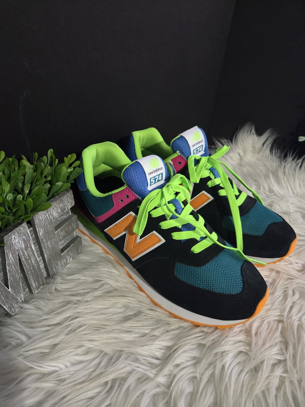 New Balance 574 Black Energy Neon Multicolor Retro Women Sneakers. Size 9.5D - Picture 3 of 11